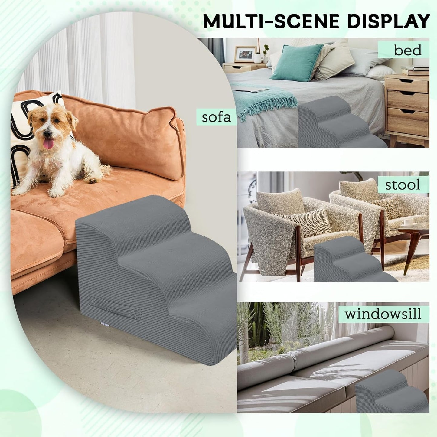 Dog Stairs & Steps for High Beds, 2 Steps High Density Foam Waterproof Dog Ramp for Small Dogs and Cats, Pet Stairs with Removable Washable Cover for Bed, Couch, Sofa and Car (H: 11.8")