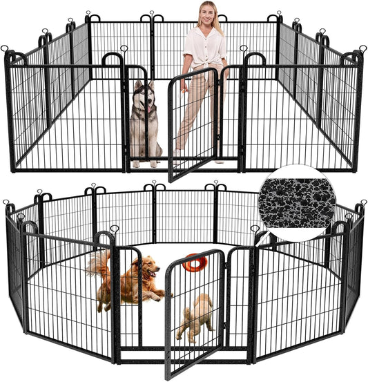 Dog Playpen Outdoor 12 Panels Heavy Duty Dog Fence 32" Height Anti-Rust with Doors Portable for RV Camping Yard, Total 27FT, 58 Sq.ft, Snowy Black