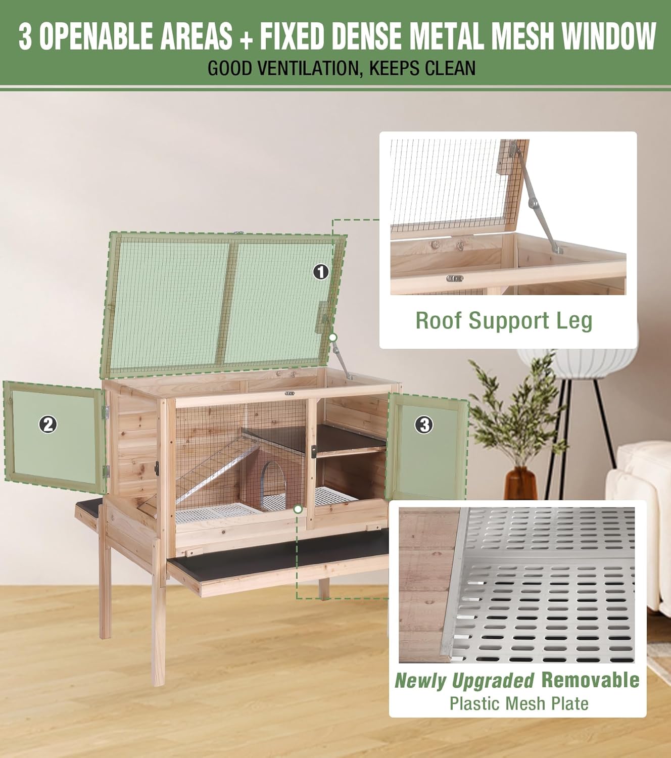 GUTINNEEN Guinea Pig Cage Rabbit Cage Indoor with Chew-Proof Edges, Clean Deep Tray, Leakproof PVC Layer, Small Animals Cage with Adjustable Legs - Natural Wood Color