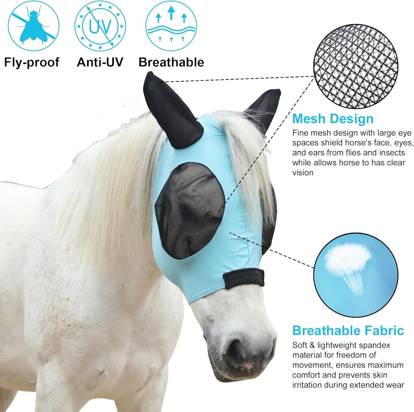 Stretchy Horse Fly Mask with Ears, Soft Lycra Equine Mesh Mask with UV Protection Face Cover, Pacific Blue, Full