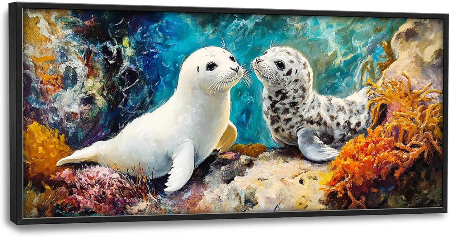 Extra Large Seal Framed Wall Art for Living Room,Oversized Underwater Animal Pictures Wall Decor,Ocean Coral Reef Canvas Print Painting Modern Artwork Bedroom Office Bathroom 60L" x 30W"