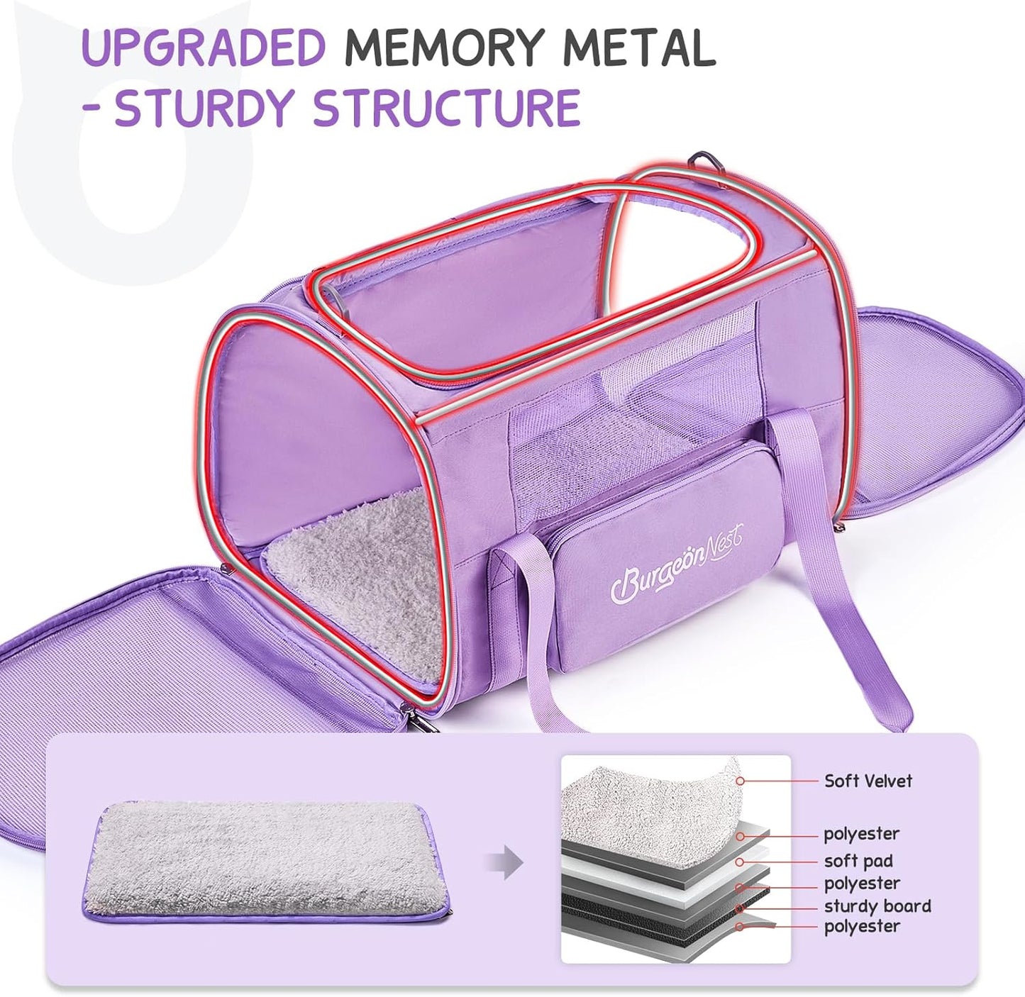 BurgeonNest Cat Dog Carrier, Cat Carriers for Large Medium Cats 20 lbs, Soft Sided Puppy Kitten Pet Carrier Under 25 lbs, Collapsible Travel Cat Carrier with Unique Side Bag (Medium)