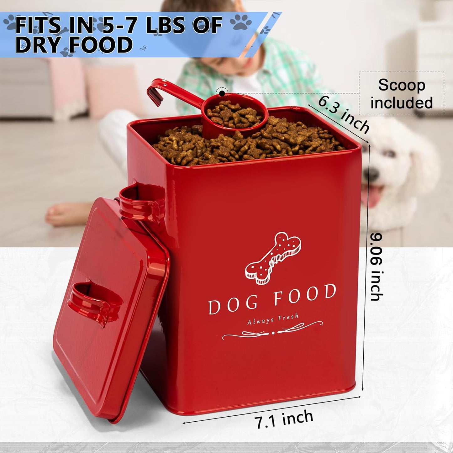 Meraki Home Dog Food Bin & Treats Container - Lateral Handles and Tight Lids - Feed Scoop - Premium Glossy Red Pet Food Bowl -Large Farmhouse Metal Storage Bin - Great Gift for Cute Pets (Glossy Red)