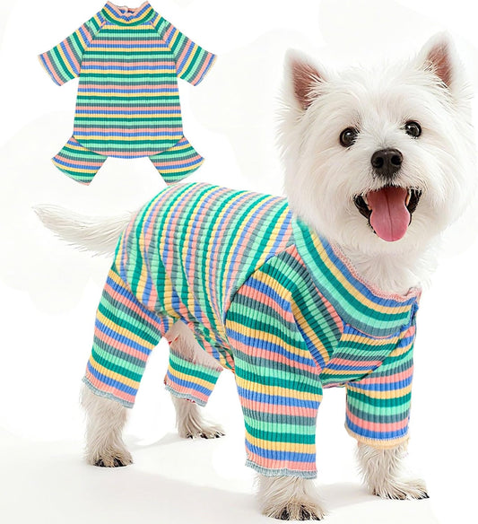 BAEJMJK Striped Dog Pajamas Stretchy Cute Four-Legged Boy Girl Dog Clothes with Sleeves Comfortable Dogs Jumpsuit Colorful Pet Puppy Outfits Apparel for Small Medium Dogs Cats(Green,Small)