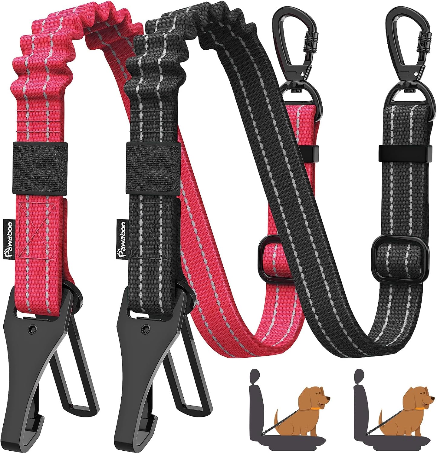 Pawaboo 2Pack Dog Seatbelt for Car, 3-in-1 Dog Seat Belt Bungee, Shockproof Dog Car Tether with Buckle & Hook Latch, Adjustable Reflective Dog Car Harness Leash with 360° Lockable Buckle, Red