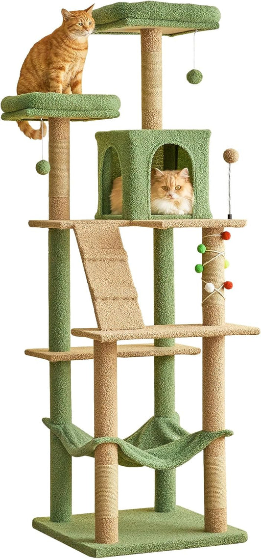 MWPO 70.1-Inch Green Large Cat Tree, Multi-Level Tall Cat Tower for Indoor Cats, Plush Cat Condo with Big Padded Perches, Sisal-Covered Scratching Posts, Hammock, Toys for Kittens & Cats