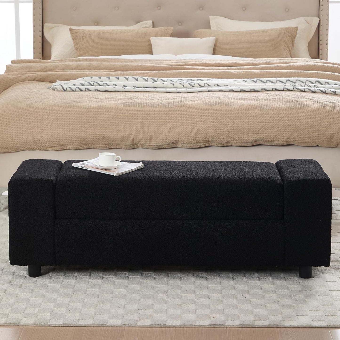 Teddy Storage Ottoman Bench for Bedroom, Comfy Boucle End of Bed Bench with Large Hidden Storgae Space, 55 inches Window Bench for Living Room/Reception Room/Mudroom, Black