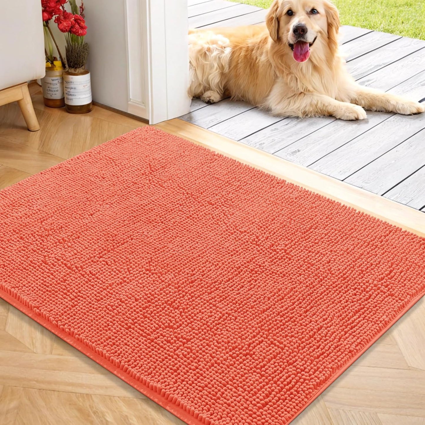 OLANLY Dog Door Mat for Muddy Paws 40x32, Absorbs Moisture and Dirt, Absorbent Non-Slip Washable Doormat, Quick Dry Chenille Mud Mat for Dogs, Entry Indoor Entryway Carpet for Inside Floor, Coral
