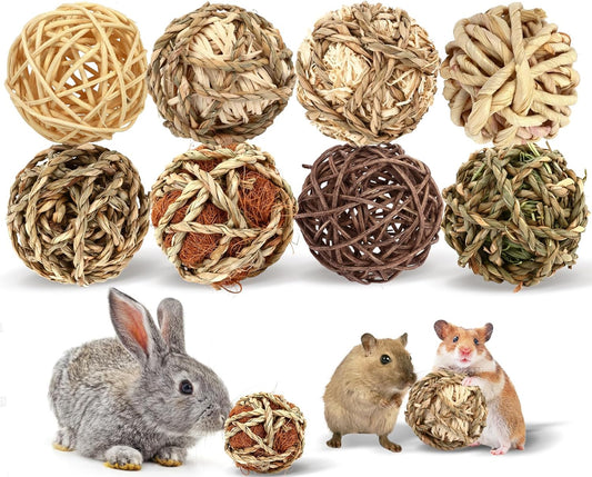 VESPRO Bunny Chew Grass Balls, (8 Pcs) Rolling Chew Toys for Small Animals, Natural Chew Grass Toys and Bunny Treats for Rabbits, Guinea Pigs, Chinchillas, Hamsters, Mice Teeth Grinding