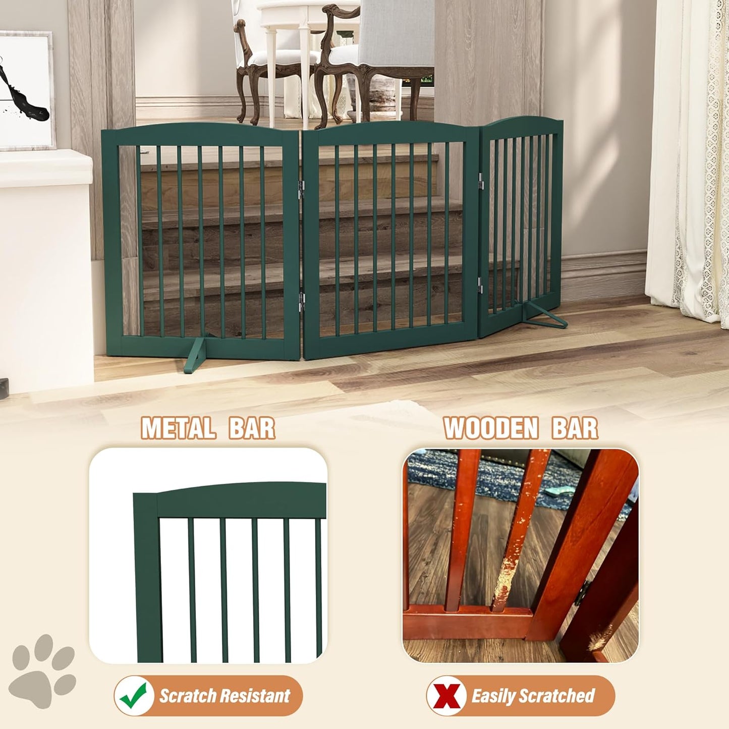 Freestanding Pet Gate for Dogs, Foldable Wooden Dog Gate for House, Indoor Dog Gate for Doorways, Stairs, Step Over Pet Puppy Safety Fence, Support Feet Included,24" Height 3 Panels,Green