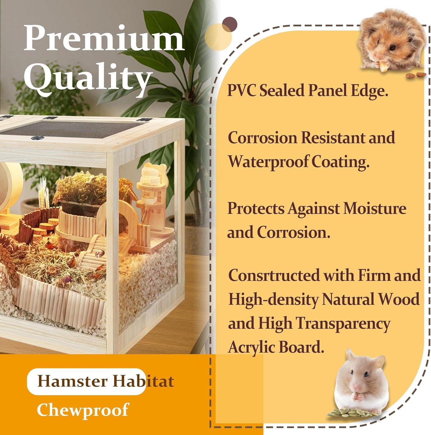 Prolee Hamster Cage with Openable Metal Mesh Top,Solid Built Hamster Enclosure with Lock Design for Gerbil Cage,Hamster Habitat Chewproof with Transparent Panels (24"x16"x16")