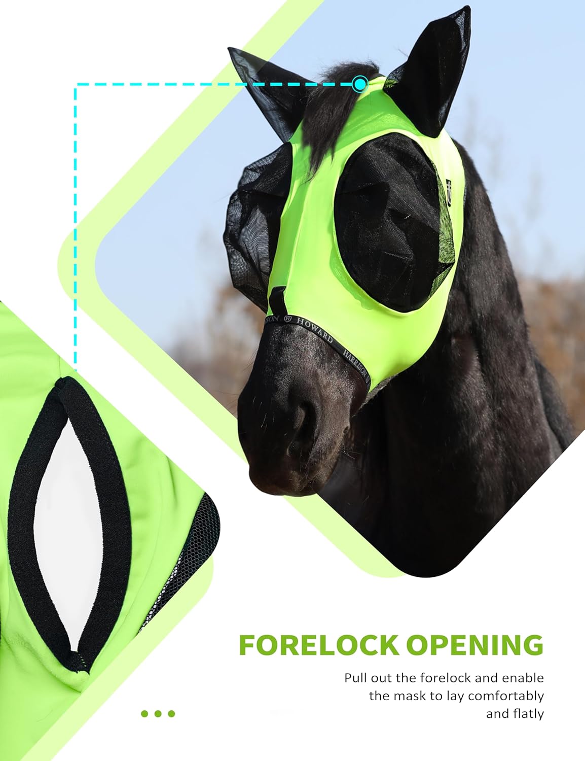 Harrison Howard Horse Fly Mask with Forelock Opening Stretch Breathable and Comfortable for Horses UV -Protection Fluorescent Yellow L