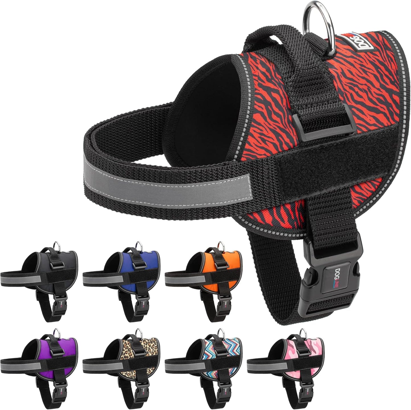Dogline Dog Harness, Reflective No-Pull Adjustable Vest with Handle for Walking, Training, Breathable, No - Choke Harness for Small, Medium or Large Dogs Room for Patches Zebra Black/Red XL 33"-46"