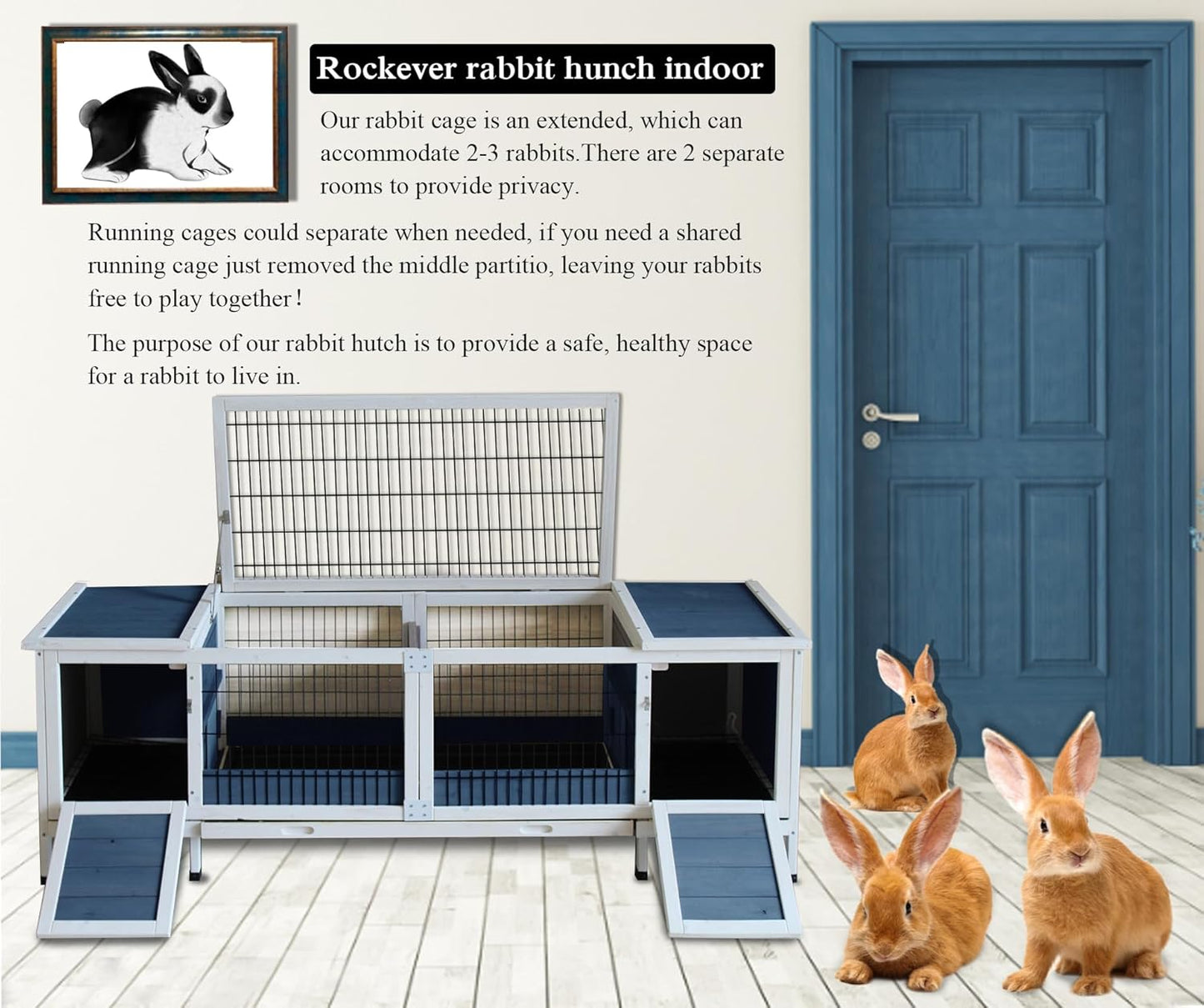 Rabbit Hutch Indoor Leakproof Bunny Cage Fir WoodenOutdoor Bunny House with Wire Floor Leakproof Plastic Tray (Blue)