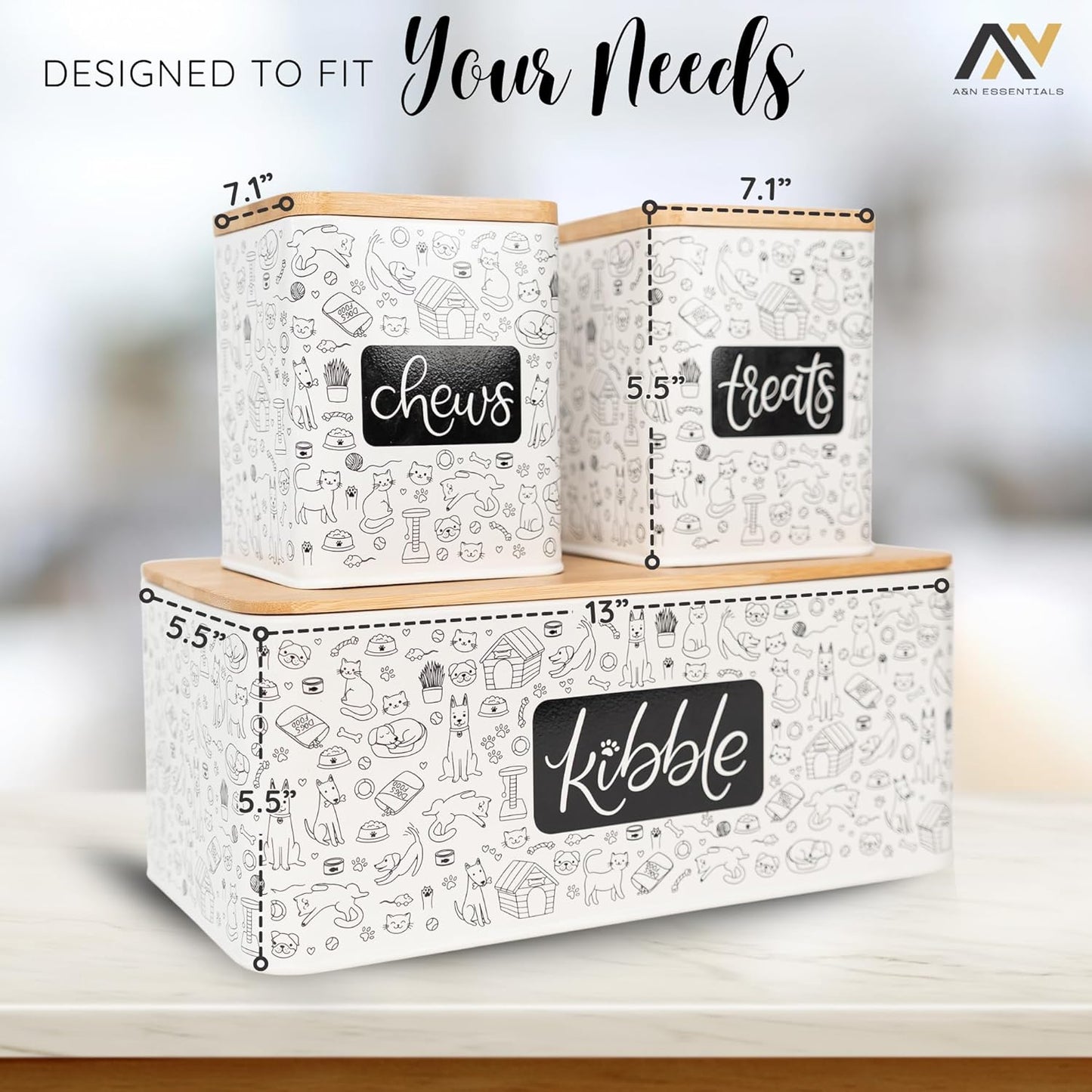 A&N Essentials 3-Piece Pet Food Storage Container Set – Airtight Galvanized Steel with Bamboo Lids – Holds Up to 6 lbs Kibble & 6 Cups Treats for Dogs & Cats