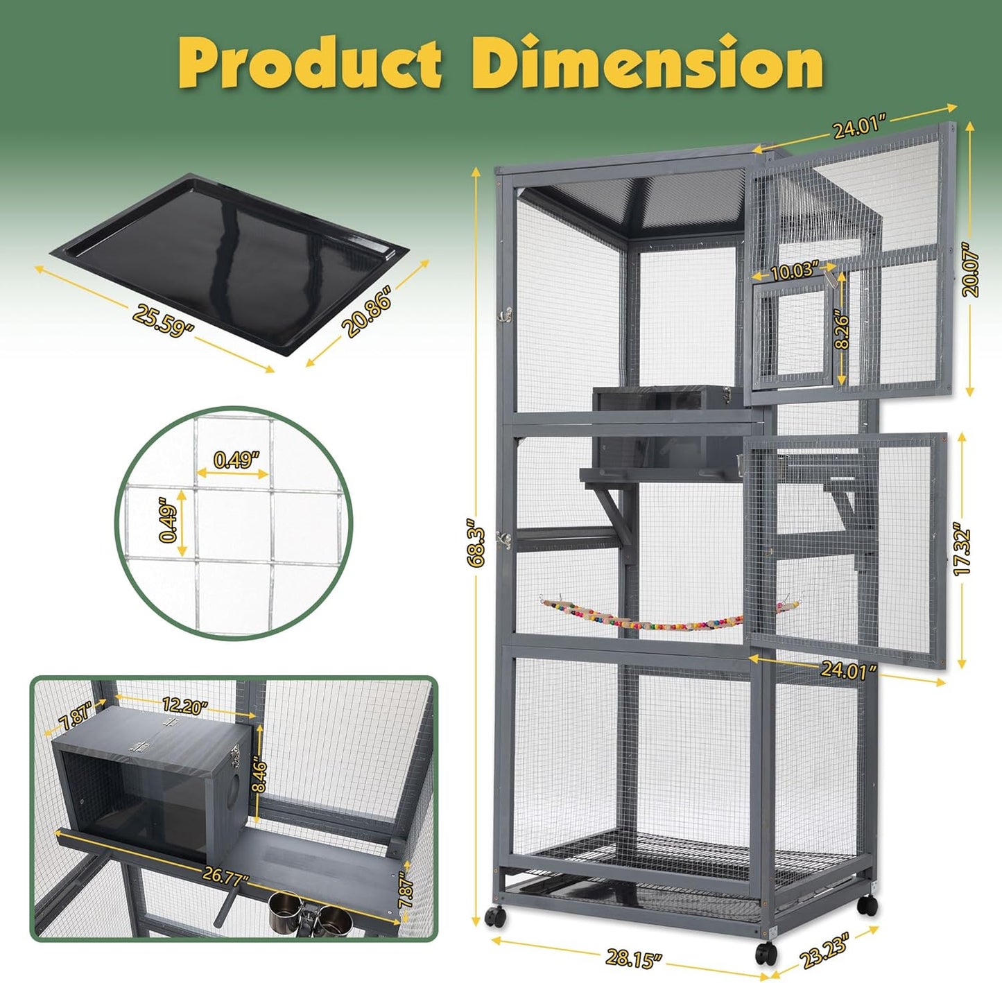 Coziwow 68" H Large Wood Bird Cage on Wheels, Outdoor Bird Aviary Indoor Wooden Large Bird Cage Parakeet Cage with Pull Out Tray and Feeder,Ideal for Small Birds,Finches,Parrots, Gray