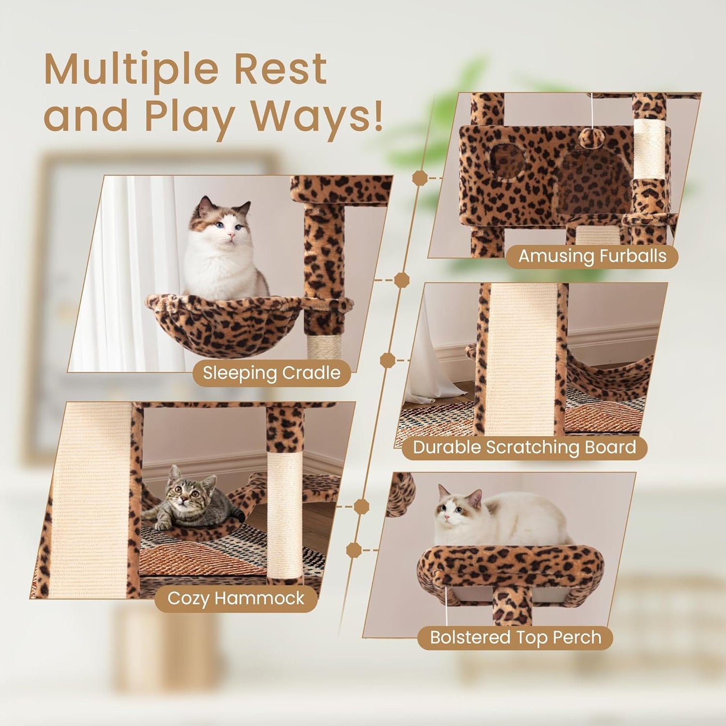 SHA CERLIN 65in Larger Cat Tree Tower Condo for Indoor Kitties/Multi-Level Furniture Activity Center with Wide Base/Cozy Plush Cat Perches/Baskets/Sisal Scratching Posts and Hammock/Leopard Print