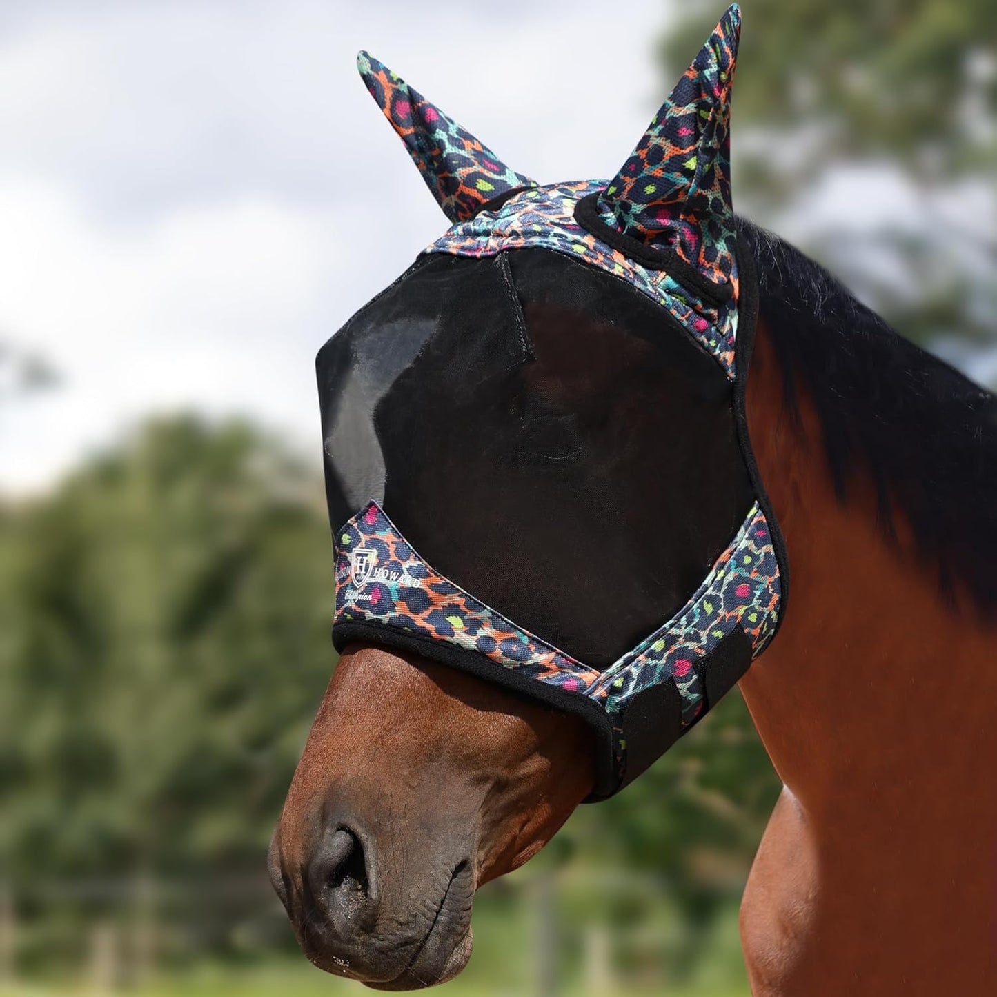 Harrison Howard Pro LumiVista Horse Half Face Fly Mask Large Eye Space with Ears UV Protection for Horse Iridescent Prints L