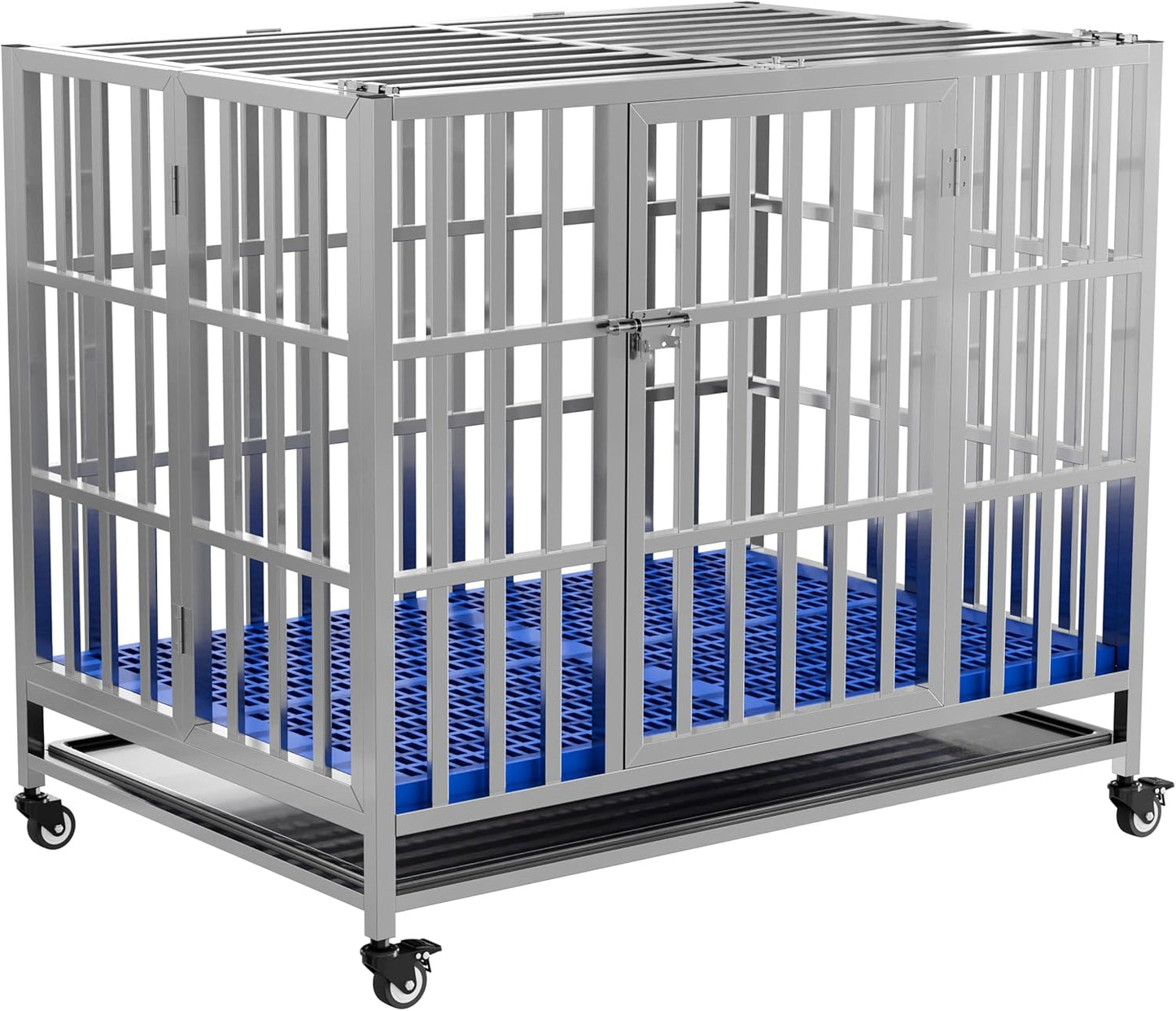 Collapsible Stainless Steel Dog Crate, 30" 37" 42" 48" Sizes, Lockable Wheel, with Tray, Stackable, Heavy Duty, Divider, Indoor and Outdoor (37in)