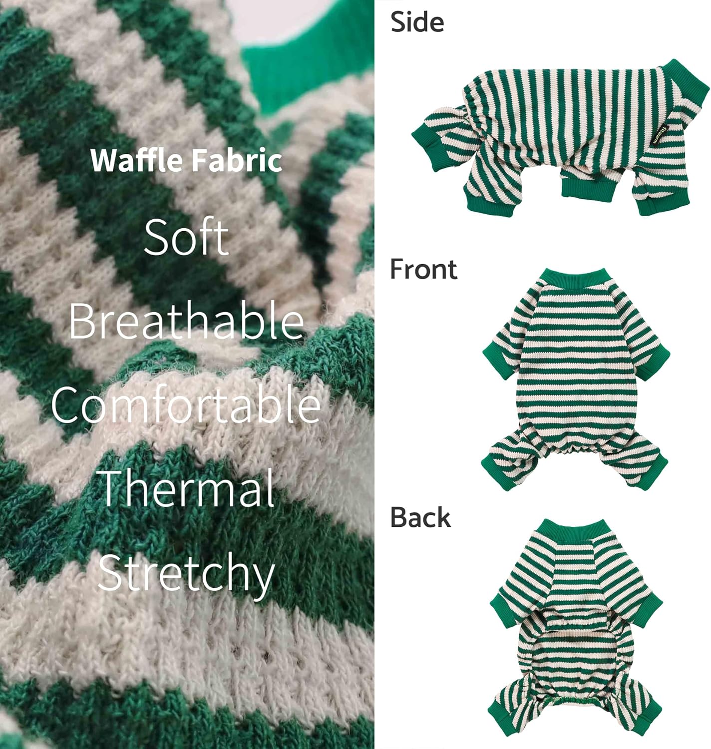 Fitwarm Green and White Striped Dog Pajamas, Waffle Dog Clothes for Small Dogs Girl Boy, Puppy Onesie with Feet, Pet Cat Outfit, XS