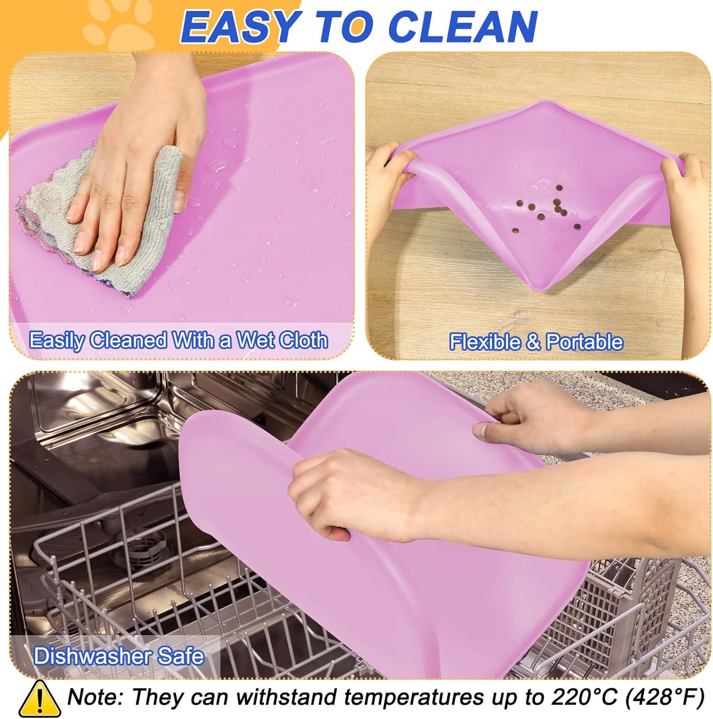 Silicone Pet Feeding Mat with Raised Edge for Food and Water, Dog Bowl Mats, Cat Bowls Placemat with High Lip for Floor Waterproof, Rubber Tray for Cats and Dogs 24 x 16 x0.8 Pink