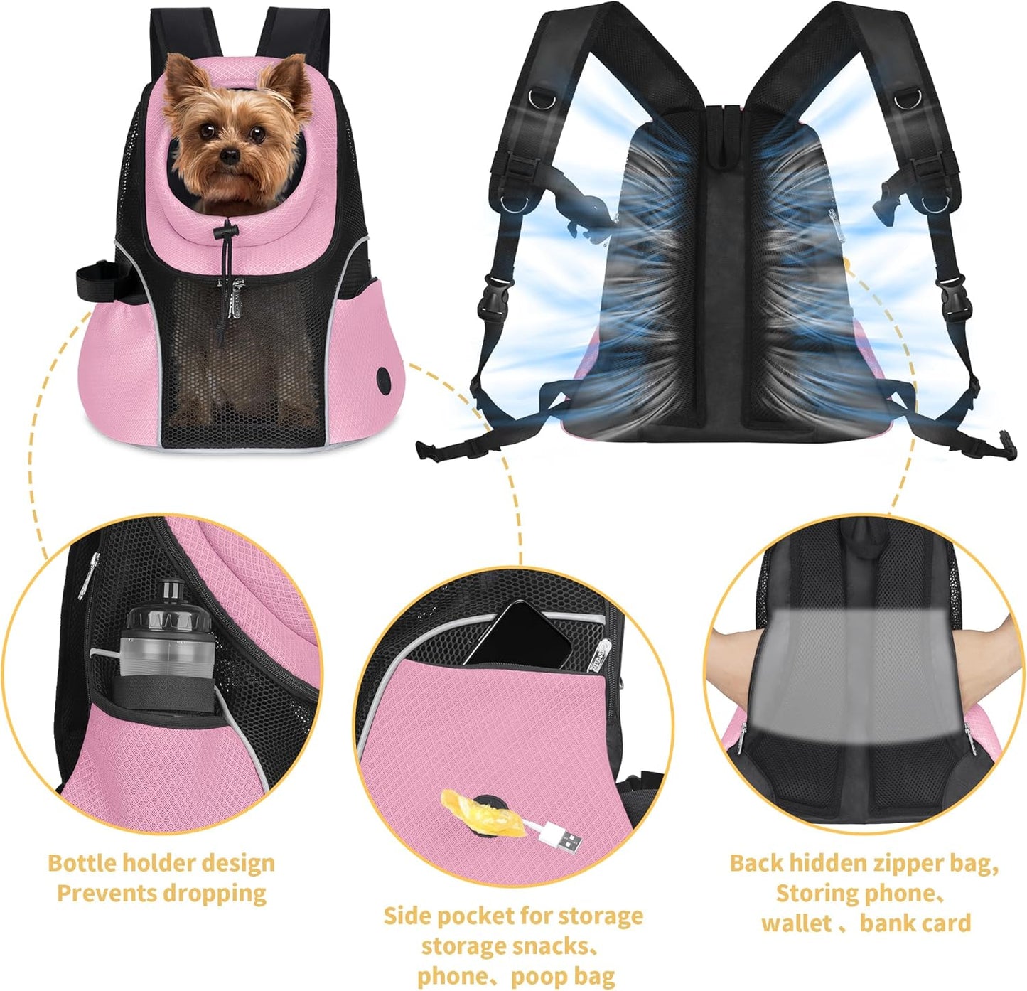 WOYYHO Pet Dog Carrier Backpack Small Dog Front Backpack Ventilated Mesh Dog Travel Back Pack with Safety Belt for Travel Hiking Cycling Outdoor Adventures (Size M: 5-9 lbs, Pink)