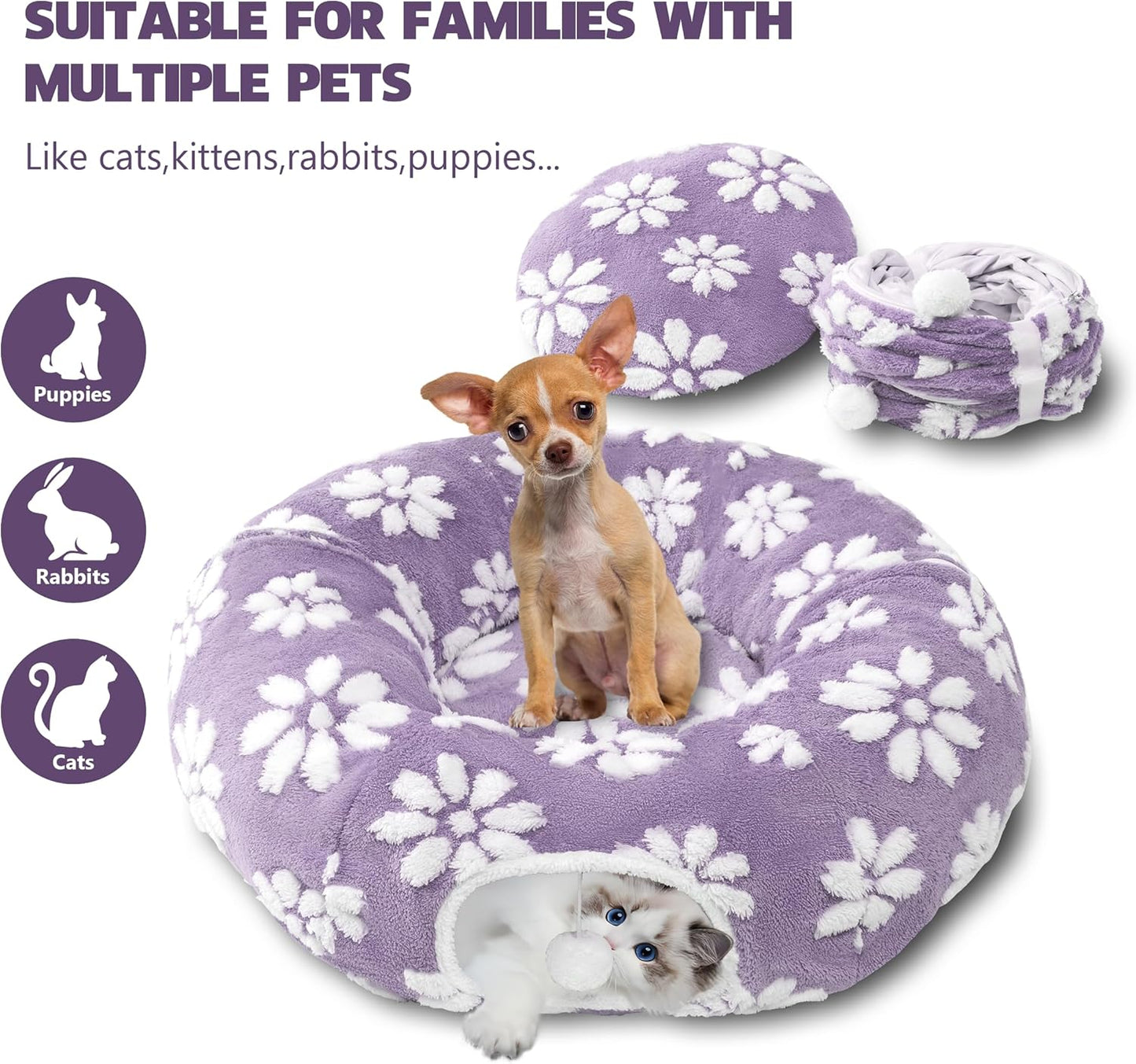 Cat Tunnel for Indoor Cats, Cute Peekaboo Cat Cave with Dangling Balls, Pet Donut Tunnel Bed with Circle Mat for Puppy Kitten Rabbit, Purple