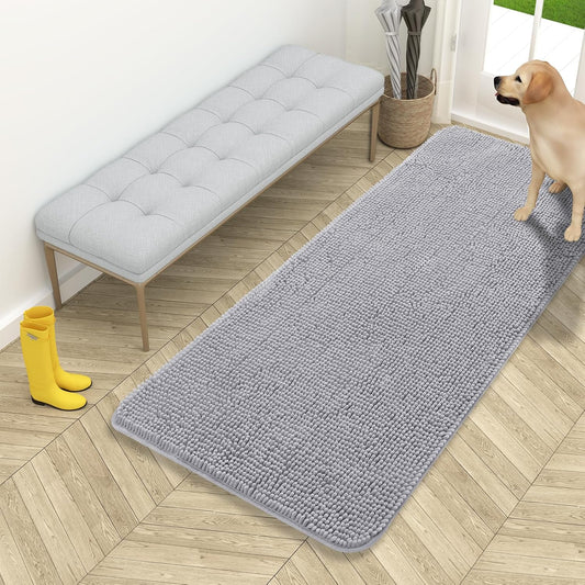 OLANLY Dog Door Mat for Muddy Paws 54x24, Absorbs Moisture and Dirt, Absorbent Non-Slip Washable Doormat, Quick Dry Chenille Mud Mat for Dogs, Entry Indoor Entryway Carpet for Inside Floor, Light Grey