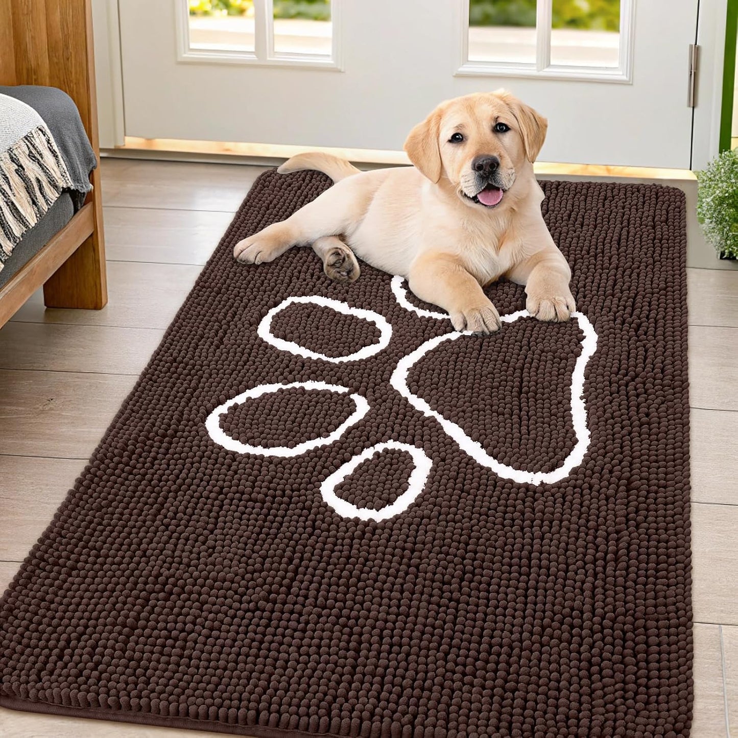 Smiry Dog Door Mat for Muddy Paws, Absorbent Dirt Trapper Non Slip Quick Dry Washable Chenille Mat for Mud Dogs, Entry Rug for Indoor and Outdoor (47x32 Inches, Brown and White)