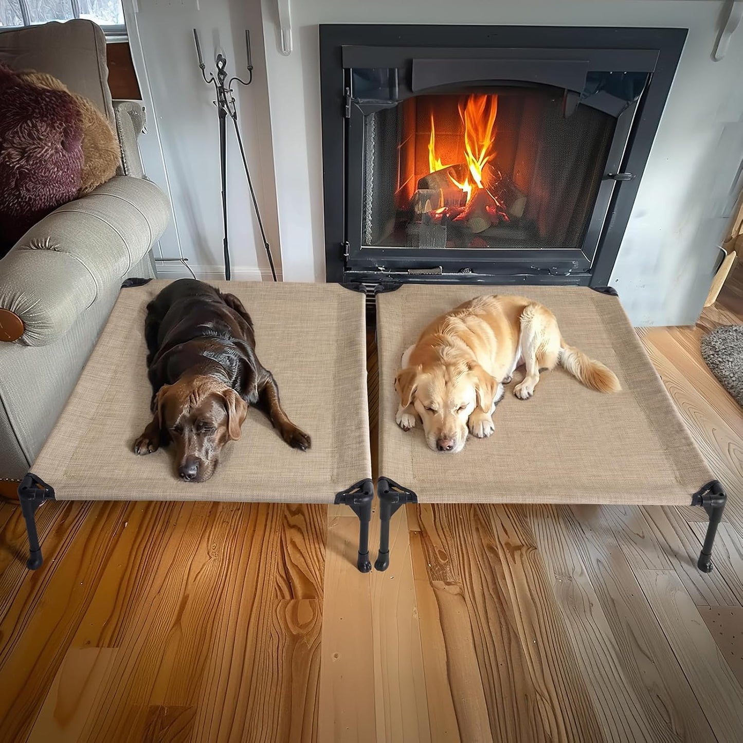 Veehoo 2 Pack Raised Dog Bed, Cooling Elevated Dog Bed, Portable Pet Cot with Washable & Breathable Mesh, No-Slip Feet, Durable Dog Cots Beds for Large Dogs, 42" x 30", Beige Coffee, CWC1803-L