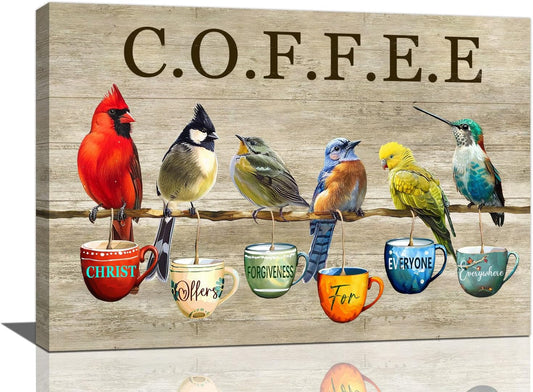 Rustic Bird Coffee Wall Art Kitchen Christ Coffee Pictures Wall Decor Farmhouse Cardinal Hummingbird Canvas Print Painting Artwork for Coffee Bar Living Room Bedroom 16"x24"