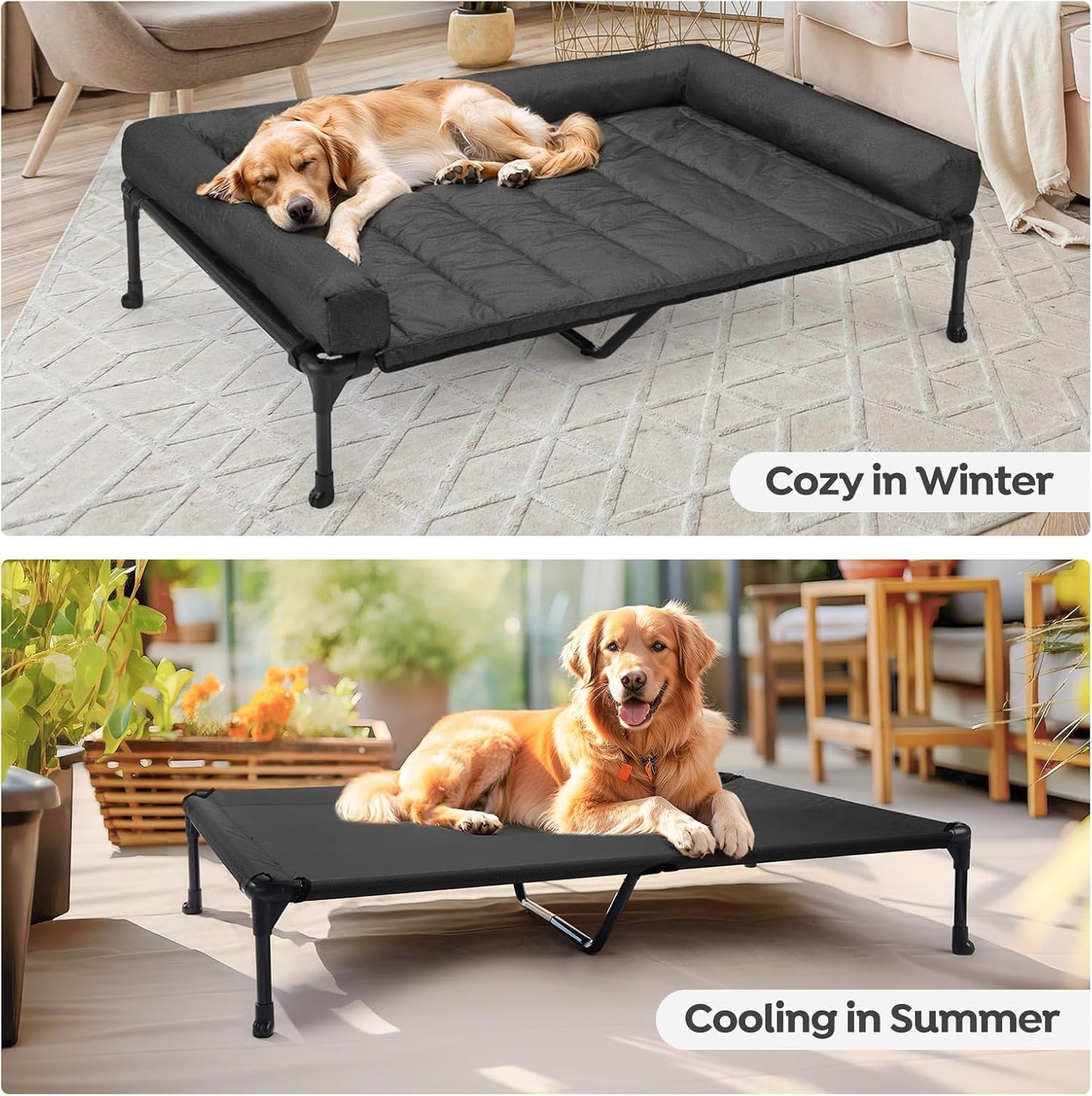 Veehoo Cooling Elevated Dog Bed Add Removable Waterproof Bolster Cushion Mat, Raised Pet Cot with Breathable Teslin Mesh, No-Slip Feet, Dog Sofa Bed for Indoor Outdoor, XLarge, Black CWC2331B