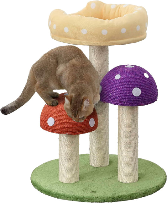 CTR1001A Pixie 22.5" 3-Tier Cottage Sisal Mushroom Cat Tree with Scratching Posts, Napping Perch, and Dangling Bell Toy, Multi