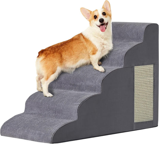 Pet Stairs, Dog Stairs for Small Dogs, Dogs Steps, 5-Step Curved Dog Ramp for Bed, Couch, Sofa, Car and Chairs, Non-Slip Bottom Design, Cat Scratching Board, High Density Foam Portable Pet Step, Grey