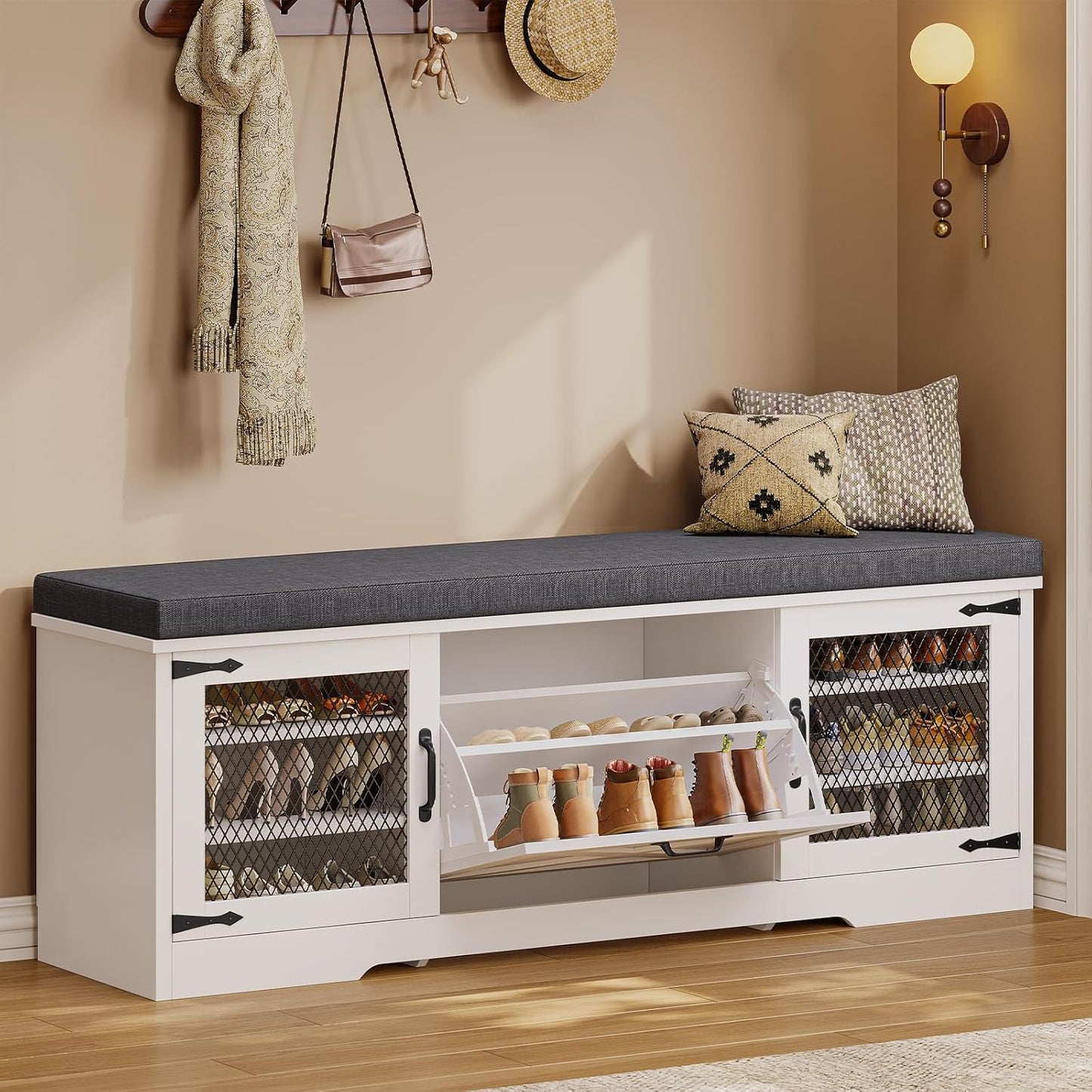 Farmhouse Storage Bench with Flip Drawers & Padded Seat Cushion, Half Hidden Shoe Rack Organizer, Adjustable Shelf Shoe Cabinet for Large Family, Entryway, Bedroom, Living Room (White)