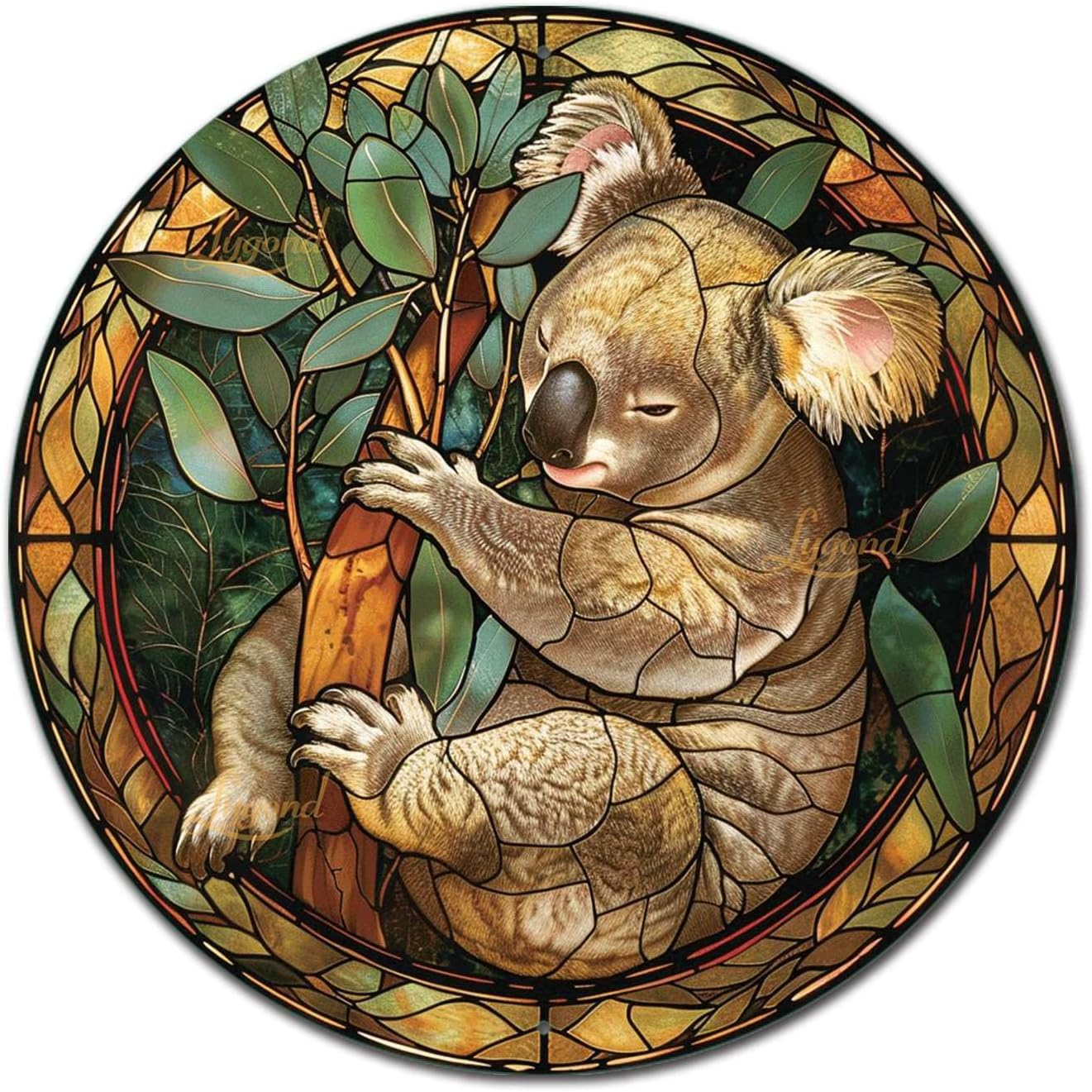 Lygond Metal Sign Tin Sign Circular Stained Glass Koala Tin Signs Gardening for Pub 12×12 Inches