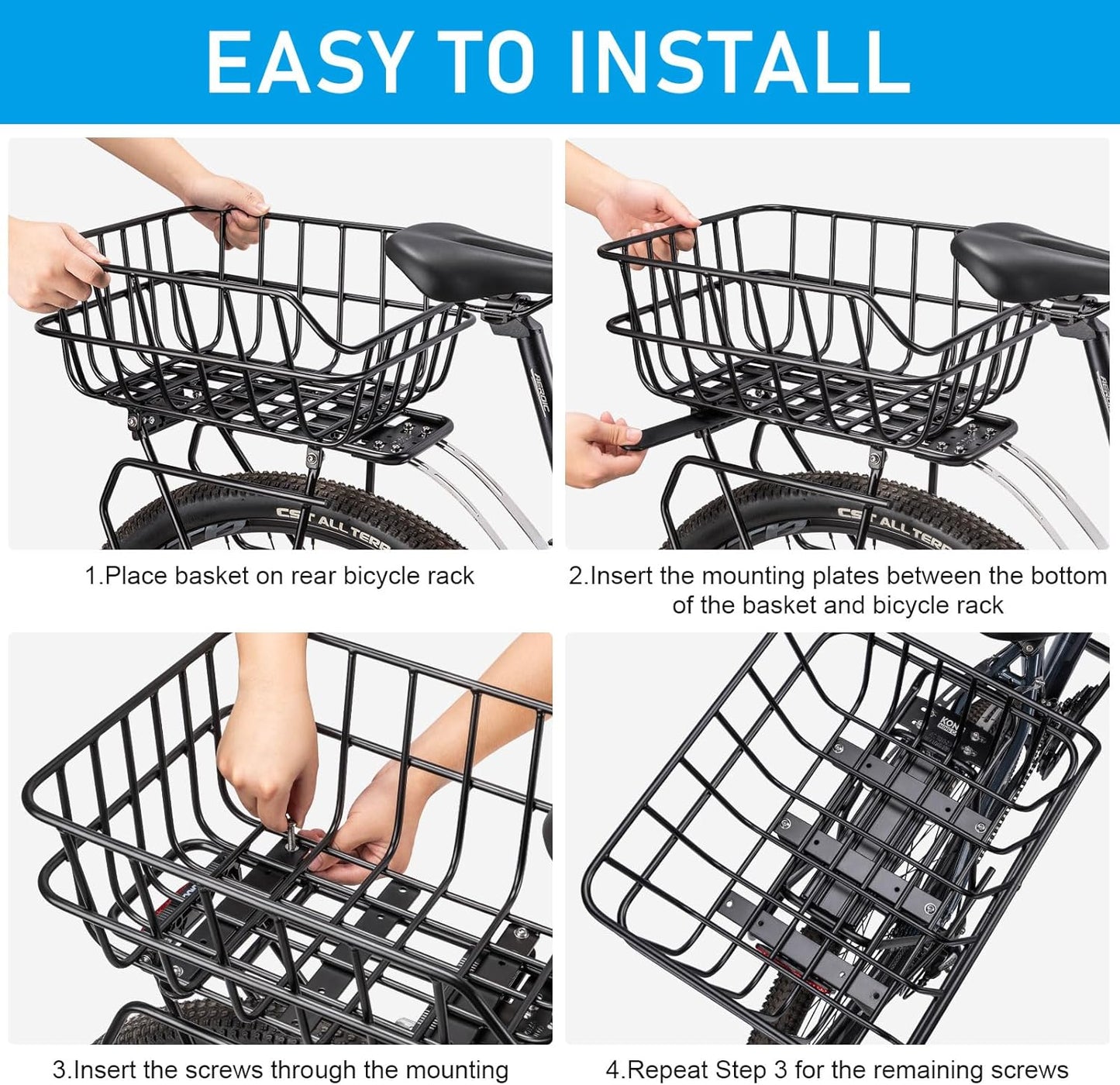 CXWXC Rear Bike Basket - Bicycle Rear Basket with Cargo Net and Waterproof Cover - Rear Mount Aluminium Bike Basket Large Capacity