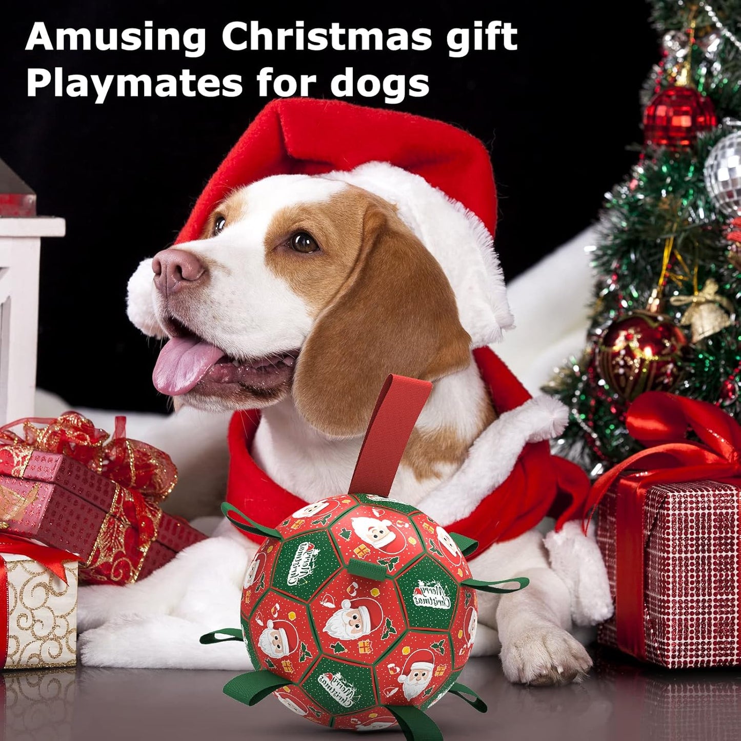 QDAN Christmas Dog Balls with Straps, Soccer Ball for Dogs for Small Medium Pet, Interactive Rope Toys, Puppy Birthday Gifts (6 Inch)