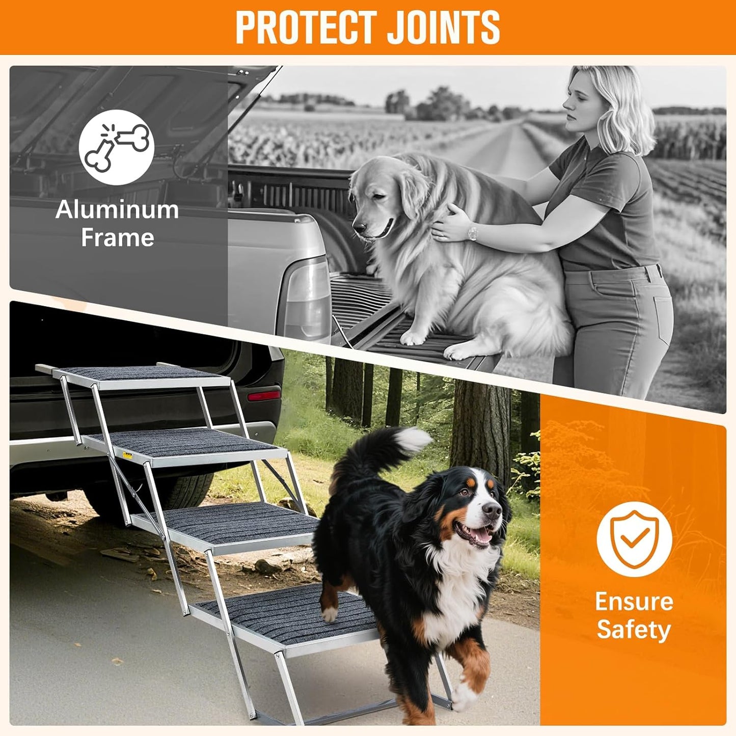 20" Extra Wide Dog Ramp, 4-Step Foldable Pet Stairs with Non-Slip Carpet - Lightweight Aluminum for SUV/Truck/Car & High Beds - Supports Large Dogs up to 200Lbs