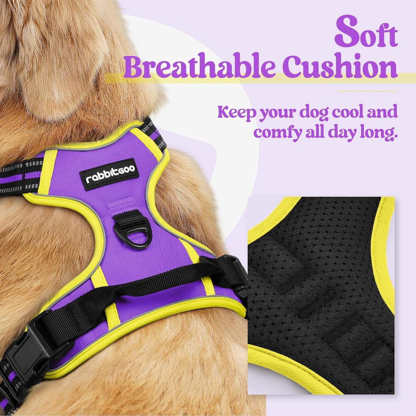 rabbitgoo Dog Harness No Pull with 2 Leash Clips, Adjustable Soft Padded, Reflective Oxford No Choke Pet Vest with Easy Control Handle for Large Dogs, Purple & Yellow, L
