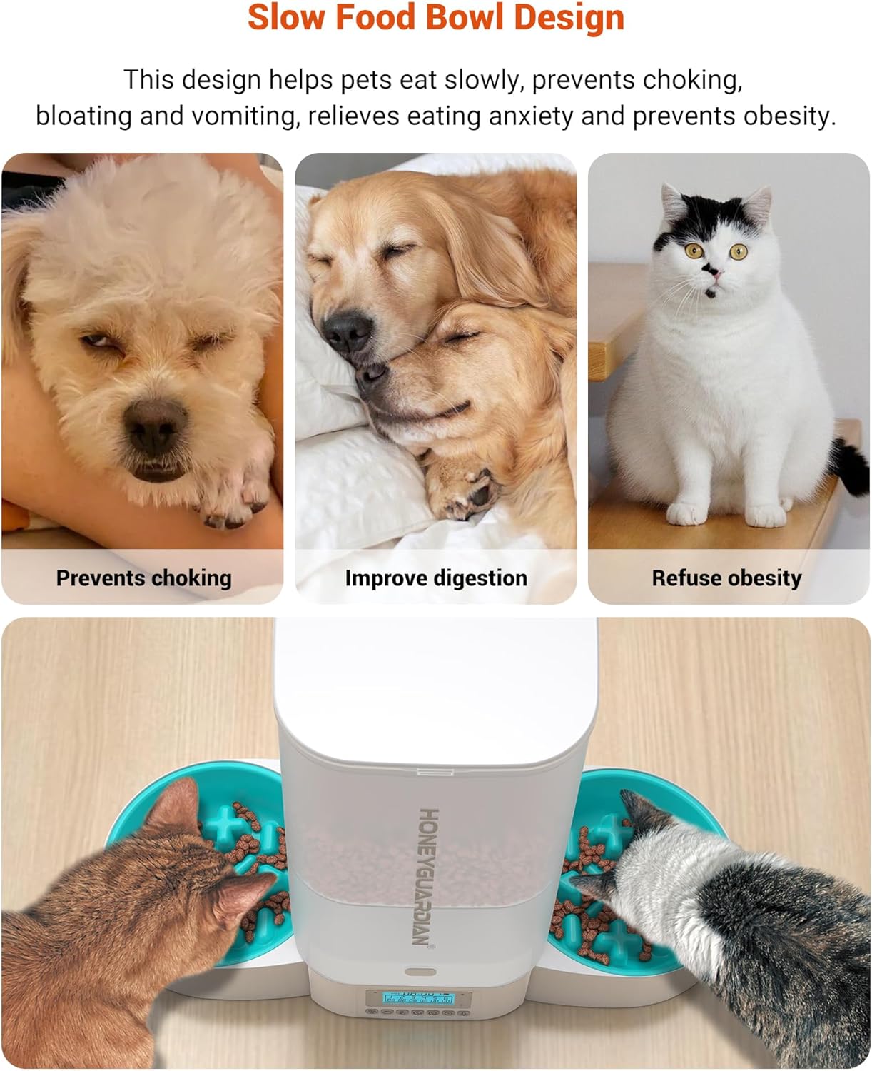 HoneyGuaridan Automatic Cat Feeder for Two Cats,5L Cat Food Dispenser with Slow Feeder Bowl,Timed Cat Feeder Programmable 1-6 Meals Control, Dual Power Supply,Desiccant Bag,10s Meal Call White