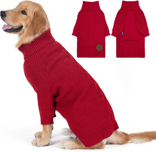 cyeollo 2XL Dog Sweater, Warm Stretchy Sweaters for Large Dogs Girl, Pullover Knitted Thermal Winter Big Dog Clothes with Sleeves, Turtleneck Pet Beagle Border Collie Apparel, Red XXL