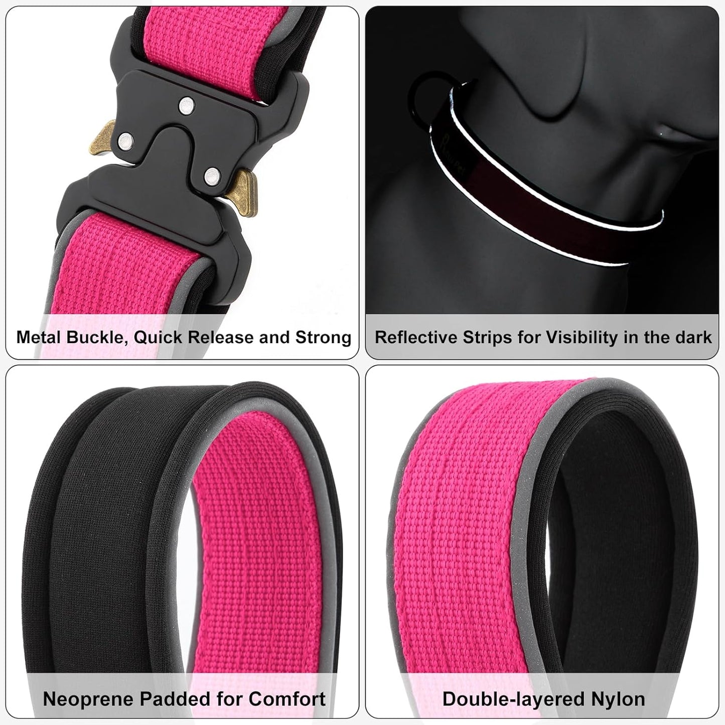 Plutus Pet Tactical Dog Collar, Reflective, Adjustable Heavy Duty Dog Collar, Soft Padded and Comfortable, for Small Medium and Large Dogs (Hot Pink, XL)