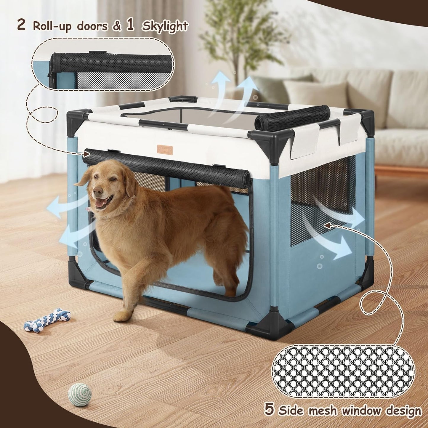 Dog Crate - Soft Pet Kennel for Dogs/Cats, 3-Door Breathable Travel Cage with Mesh Window, Portable Dog Kennel for Indoor & Outdoor，Blue-M