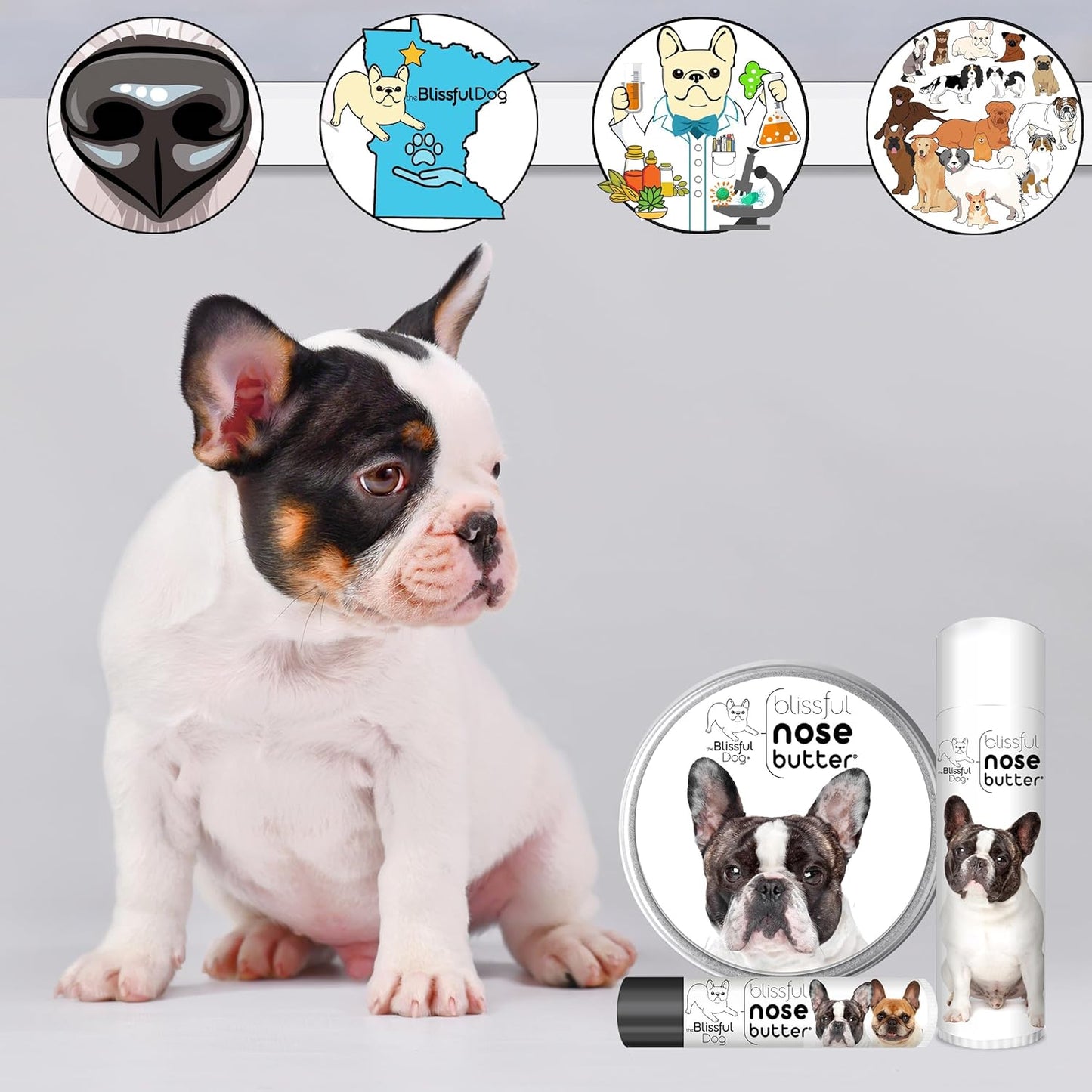 The Blissful Dog French Bulldog Pied Nose Butter for Dry, Cracked Skin, Lick-Safe Dog Nose Balm with Moisturizing Shea Butter, Almond, Olive, and Essential Oils, Pet Supplies, Uncented, 0.50 oz.