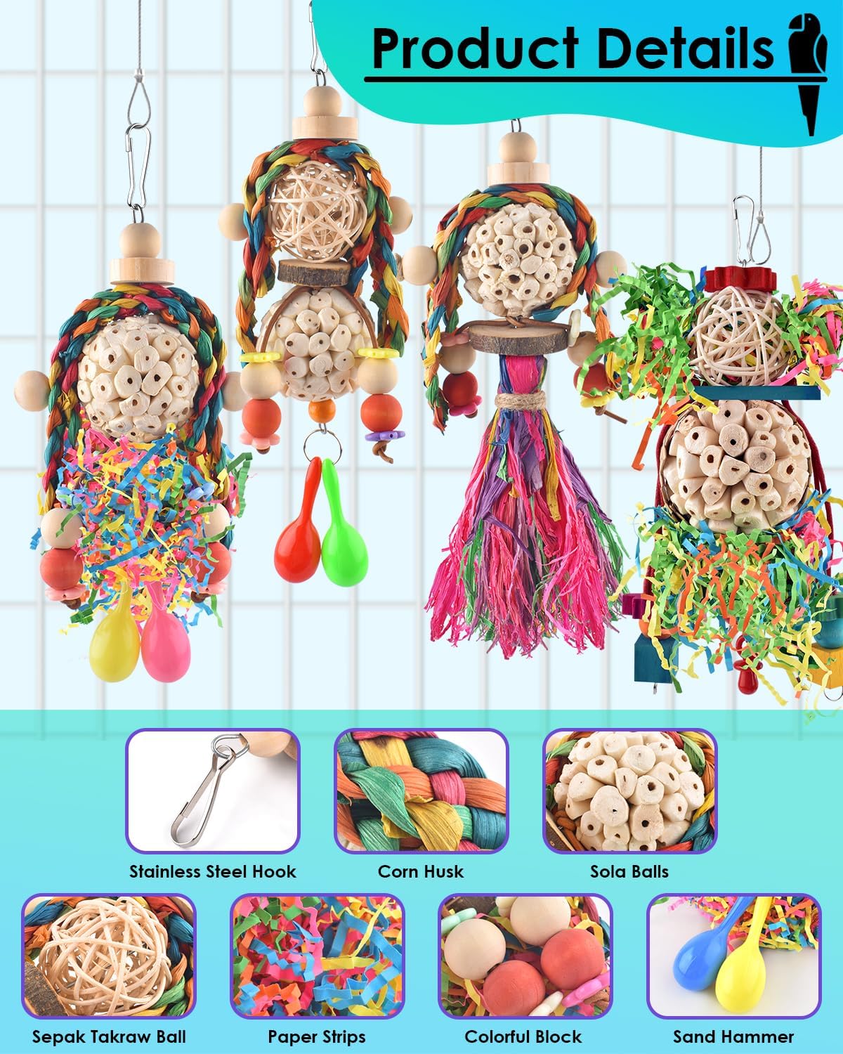 Bissap Conure Toys, 4 PCS Bird Parrot Foraging Shredder Hanging Toys Sola Balls with Sand Hammer for Small Parrots Parakeets Conures Cockatiels Love Birds Cage Toy