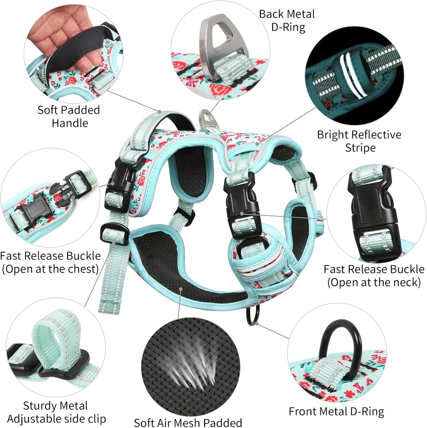 Timos Dog Harness, 3 Snap Buckles No-Pull Soft Padded Dog Vest with 2 Metal Leash Clips,Adjustable Reflective No Choke Pet Harness with Easy Control Handle for Small Dogs,Cyan,S