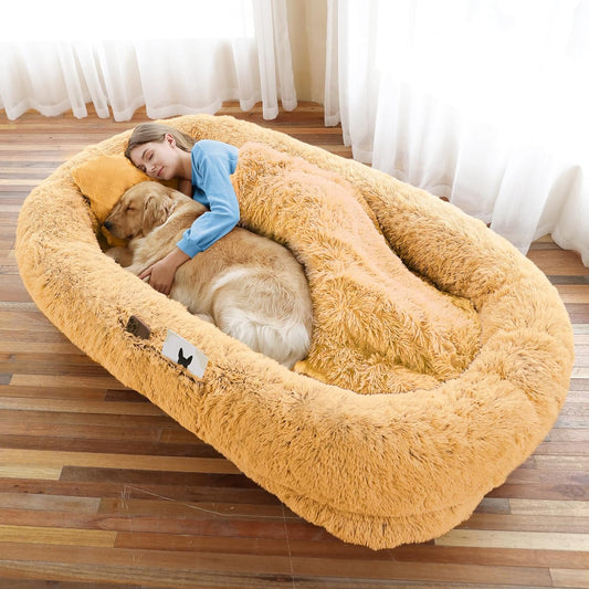 Human Dog Bed, 71''x45''x12'' Size Fits You and Pets, Washable Faux Fur Pet Bed for People Doze Off, Napping Orthopedic Dog Bed, Present Plump Pillow, Blanket, Strap - Pumpkin