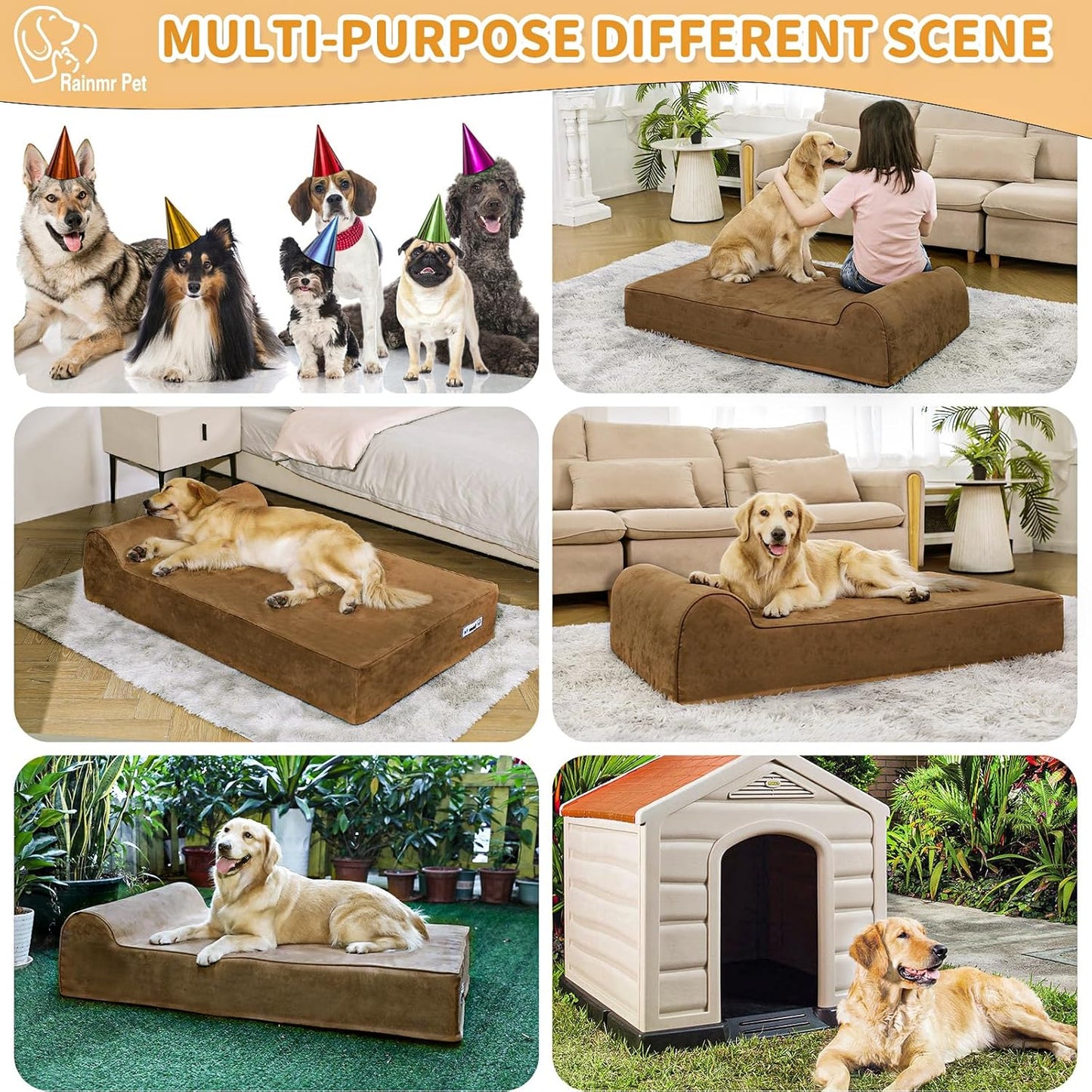 Large Orthopedic Dog Bed, 7" Memory Foam with Waterproof Liner, Chew Resistant Microsuede Cover, Removable and Washable, for Indoor, Outdoor, and Car Use, Nonskid Base, 48"x30" L Brown
