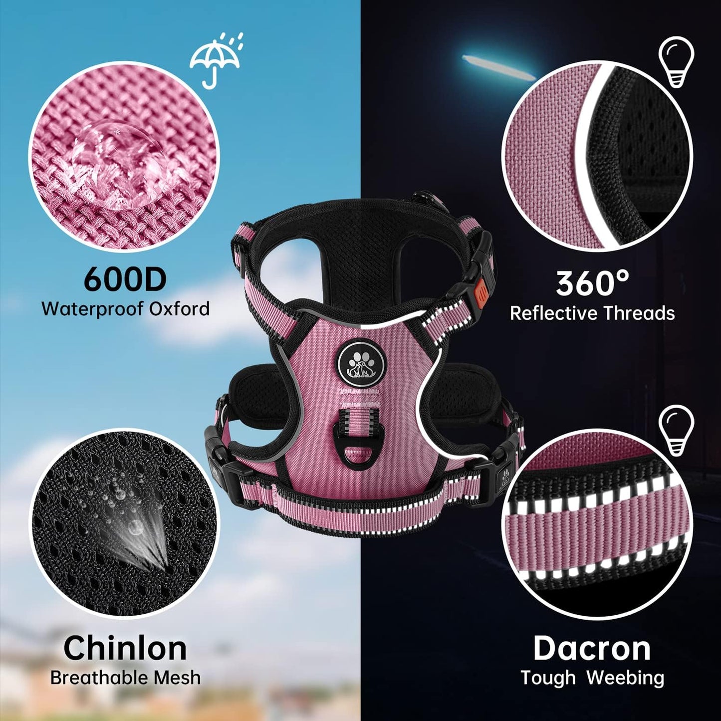 NESTROAD No Pull Dog Harness,Adjustable Oxford Dog Vest Harness with Leash,Reflective No-Choke Pet Harness with Easy Control Soft Handle for Small Dogs(Small,Pink)